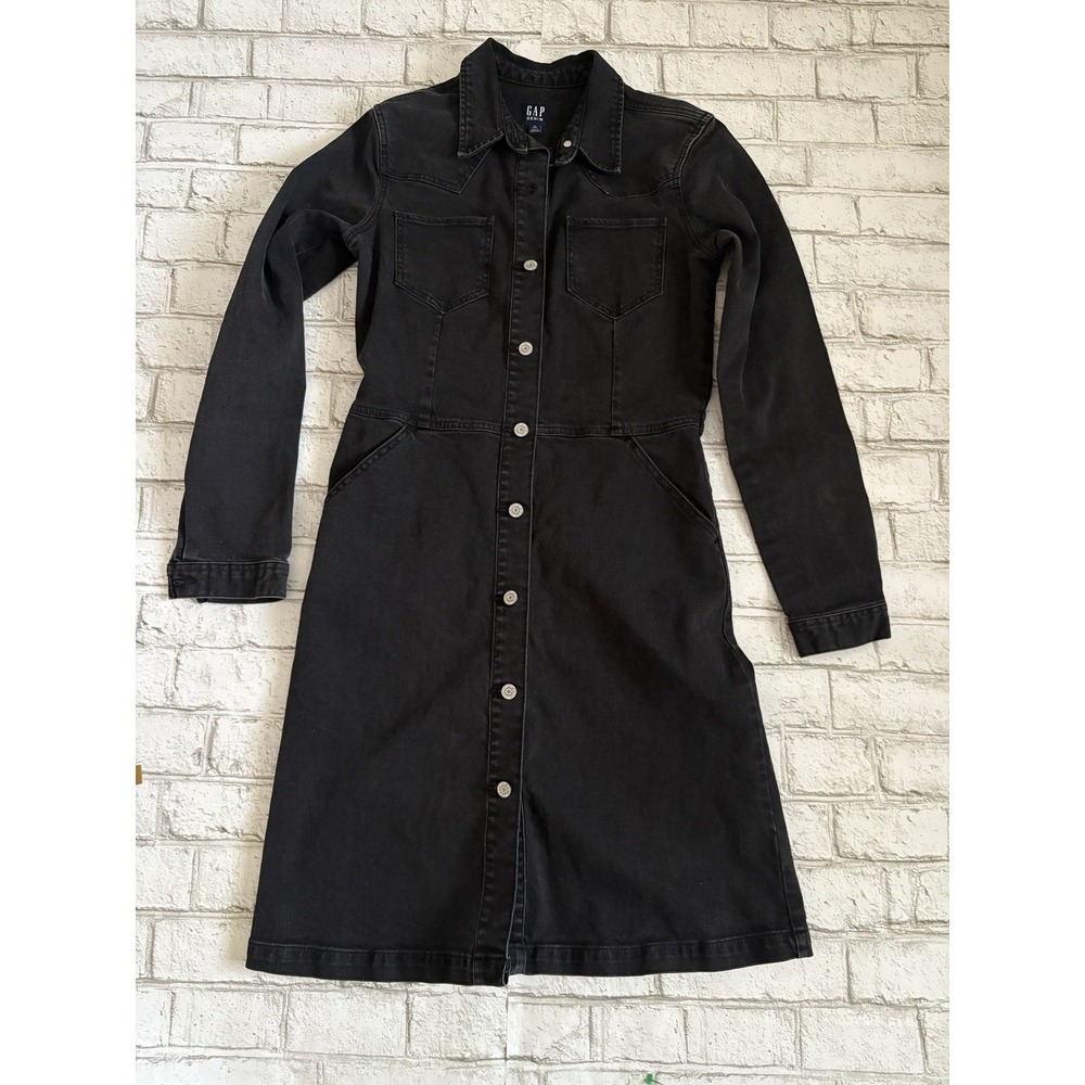 GAP Denim Dress/jacket Long Sleeve Pockets Black Wash Button Front Size 10 Tall